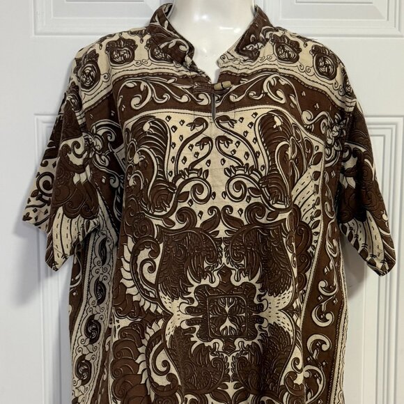 Earthbound Trading Co. Top SZ Large Vintage Brown & Cream Batik Print Aloha - Picture 1 of 6